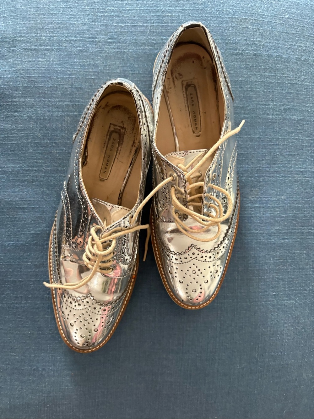 Zara Metallic Silver Brogue Wingtip Oxfords with Tan Laces